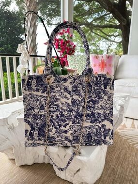 Lulu's Navy and White Toile Chain-Accent Tote